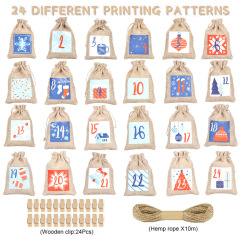 Hot sale Amazon luminous linen linen bag set 1-24 countdown calendar hanging bag drawstring gift candy bag