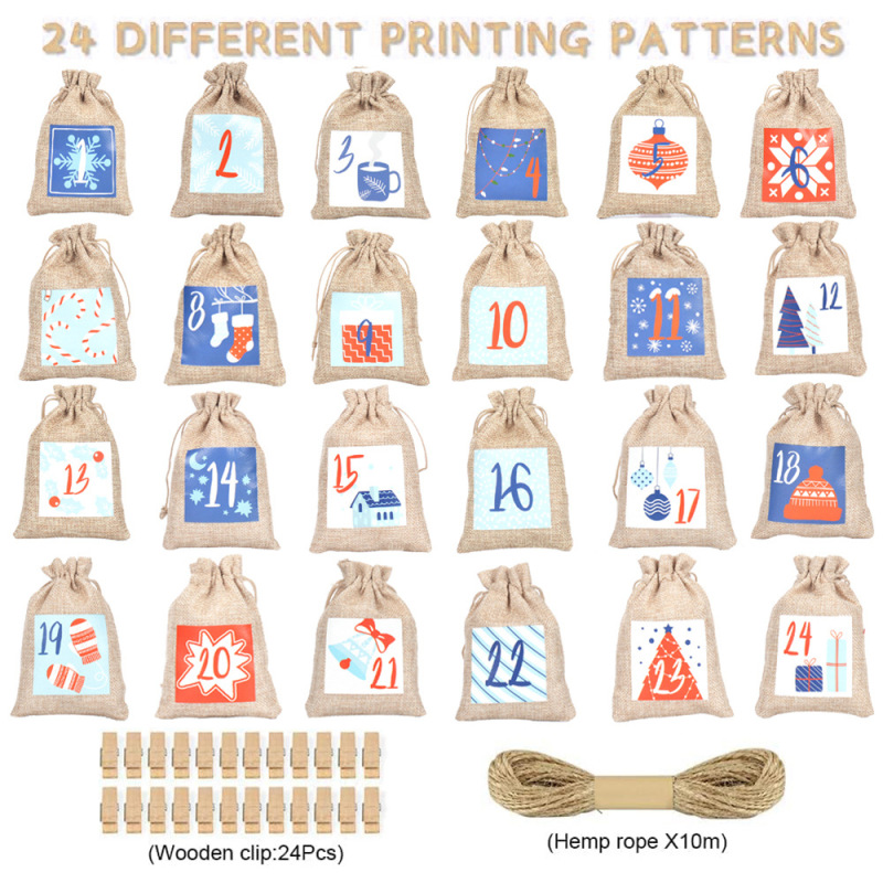 Hot sale Amazon luminous linen linen bag set 1-24 countdown calendar hanging bag drawstring gift candy bag