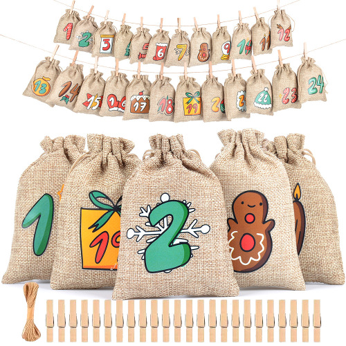 Party Christmas Gift Bag Set Advent Countdown 1-24 Hanging Bag Luminous Linen Drawstring Candy Packaging Bag