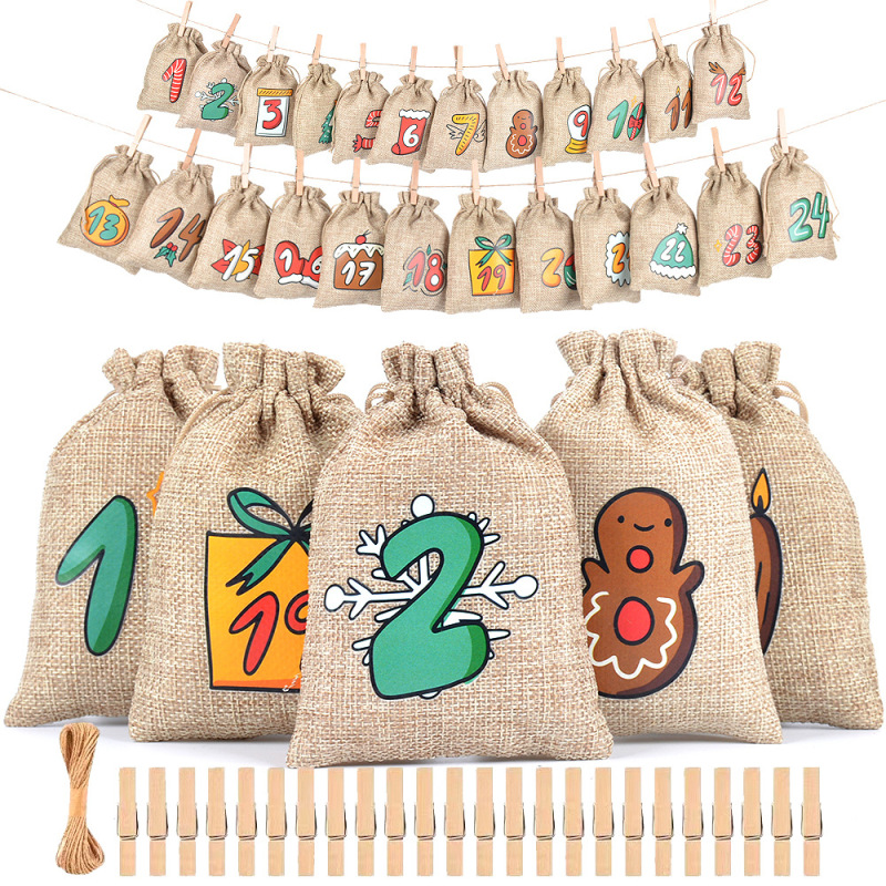 Party Christmas Gift Bag Set Advent Countdown 1-24 Hanging Bag Luminous Linen Drawstring Candy Packaging Bag