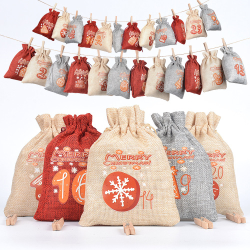 3 Color Linen Nylon Rope Christmas Set Advent Countdown 1-24 Calendar Gift Bag Candy Packaging Drawstring Bag