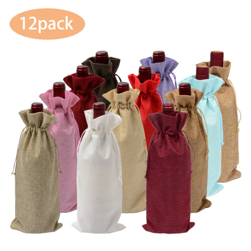 12 sets of drawstring linen wine bags, champagne grape wine gift packaging dustproof linen bags