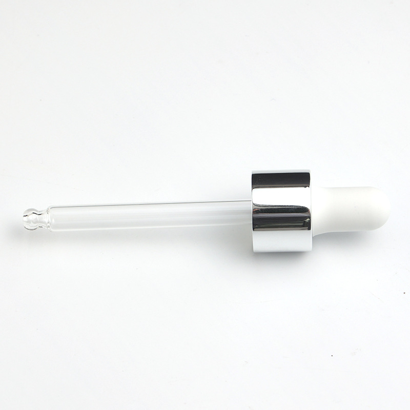 Supply 18-tooth bright silver nitrile dropper white rubber head bright silver middle circle transparent round head glass dropper manufacturer wholesale