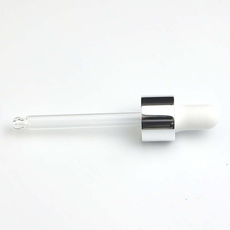 Supply 18-tooth bright silver nitrile dropper white rubber head bright silver middle circle transparent round head glass dropper manufacturer wholesale