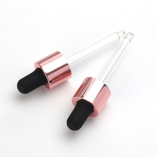 Supply 18/415 rubber tip dropper for bottle filling with rose gold middle ring silicone head transparent glass dropper manufacturer