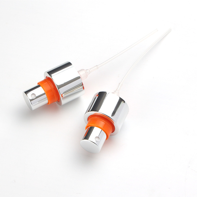 Supply 24-tooth anodized aluminum spray pump with built-in spring to press easily cosmetic plastic spray pump nozzle wholesale