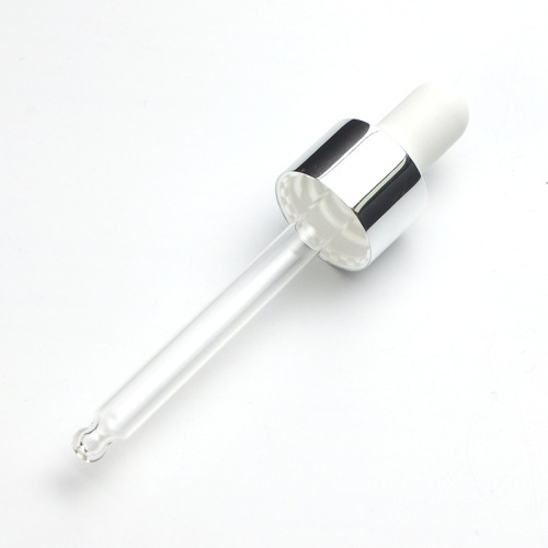 Customized 18-tooth bright silver nitrile dropper with white rubber head, bright silver middle circle, transparent round head glass dropper manufacturer
