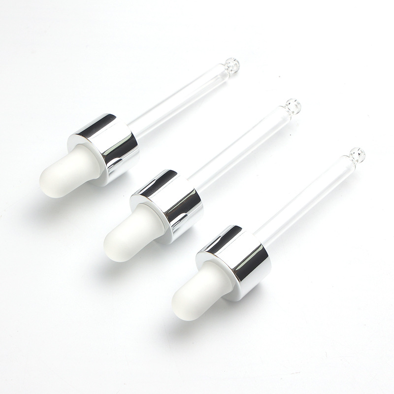 Supply 18-tooth bright silver nitrile dropper white rubber head bright silver middle circle transparent round head glass dropper manufacturer wholesale