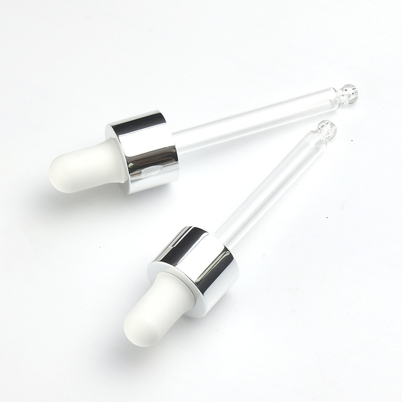 Supply 18-tooth bright silver nitrile dropper white rubber head bright silver middle circle transparent round head glass dropper manufacturer wholesale