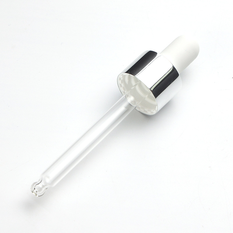 Supply 18-tooth bright silver nitrile dropper white rubber head bright silver middle circle transparent round head glass dropper manufacturer wholesale