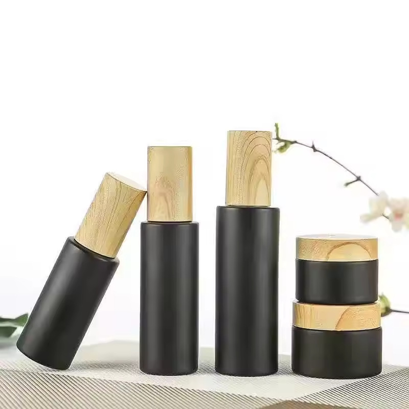 Black wood grain cap lotion bottle frosted light-proof spray bottle cosmetic glass cream bottle