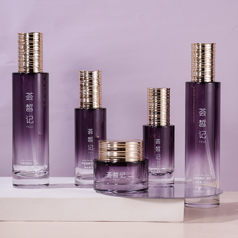 Cosmetic glass packaging straight round set 120ML lotion bottle 50G cream sub-bottle essence bottle