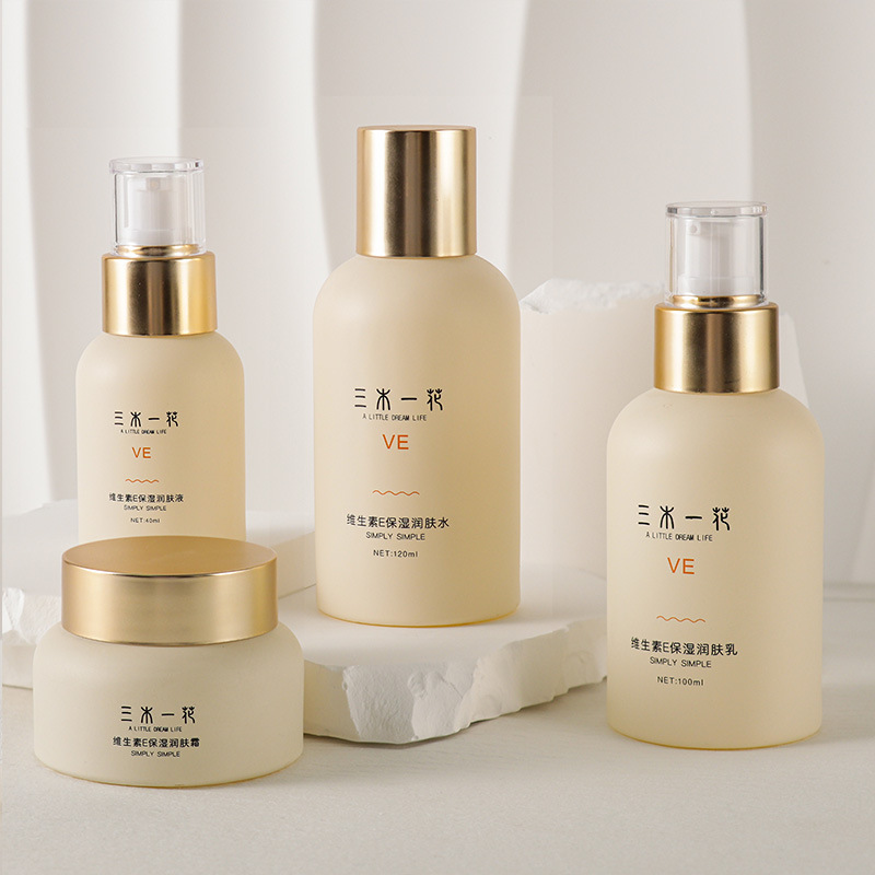 Straight round set bottle cosmetic packaging bottle lotion bottle essence bottle wood grain cover cream glass bottle
