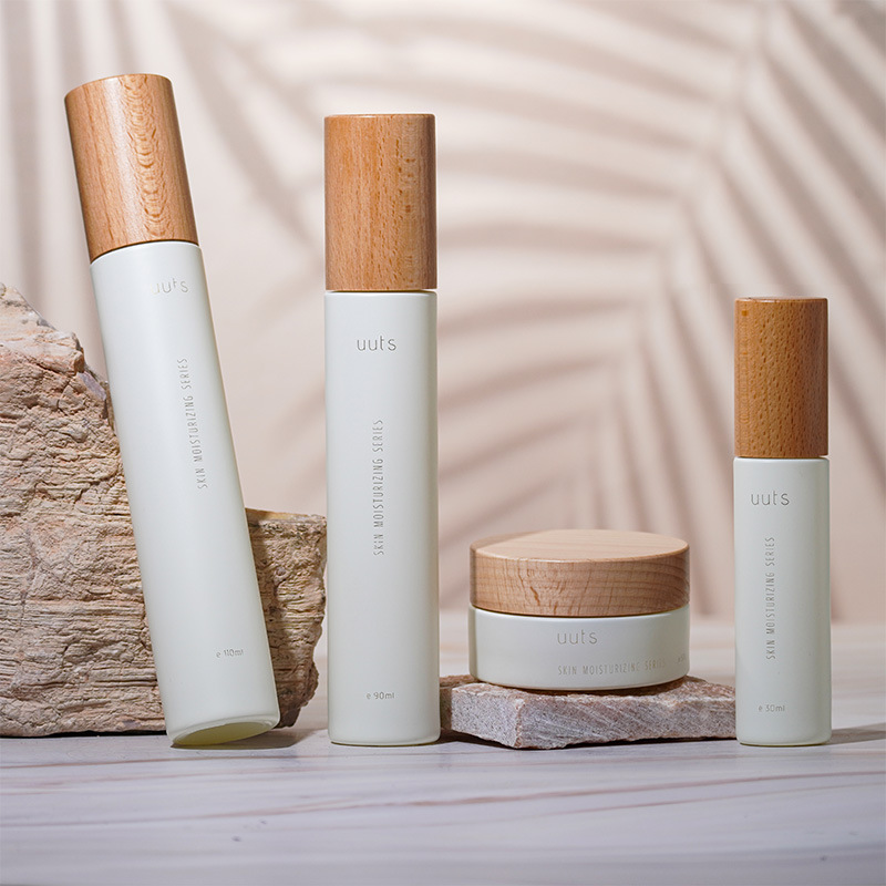 Straight round thin high skin care glass packaging wood grain cover 110ML toner 90ML lotion bottle 50G cream empty bottle