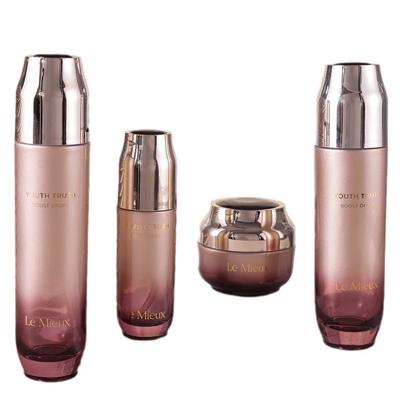 Skin care glass packaging 120ML toner bottle 100ML lotion pump cover with top sheet 50G cream