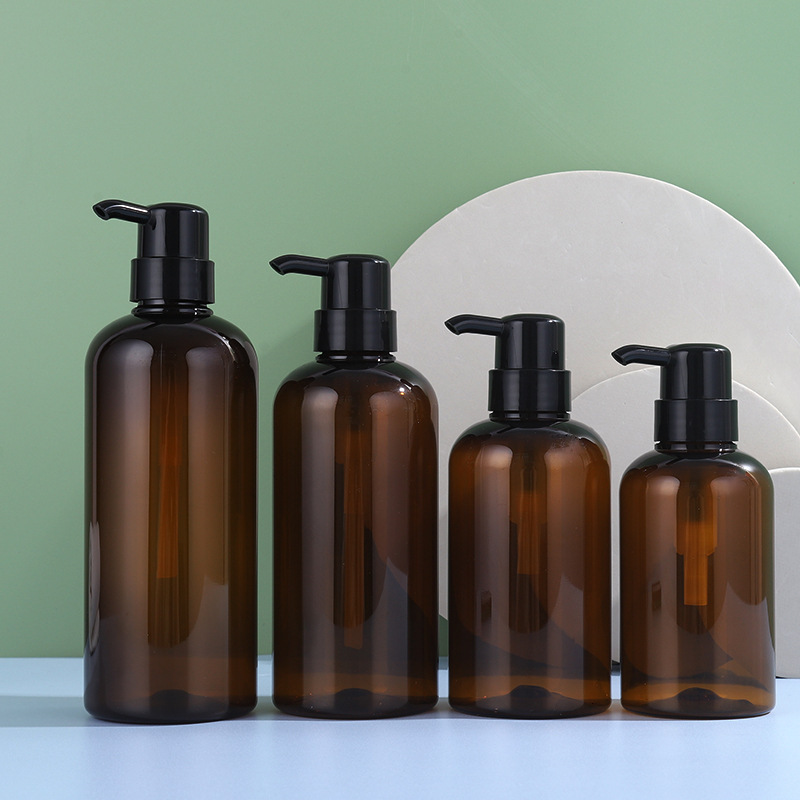Body lotion bottle Simple plastic care packaging material brown round shoulder shampoo body lotion bottle