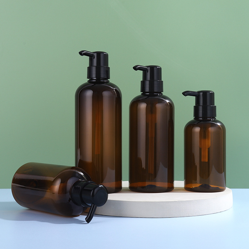 Body lotion bottle Simple plastic care packaging material brown round shoulder shampoo body lotion bottle