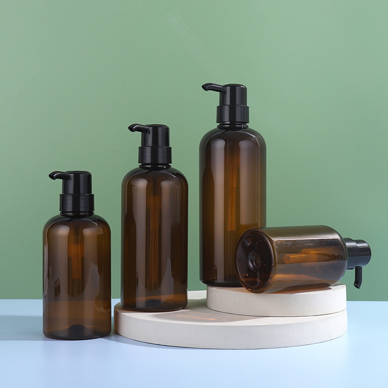Body lotion bottle Simple plastic care packaging material brown round shoulder shampoo body lotion bottle