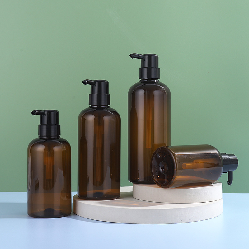 Body lotion bottle Simple plastic care packaging material brown round shoulder shampoo body lotion bottle
