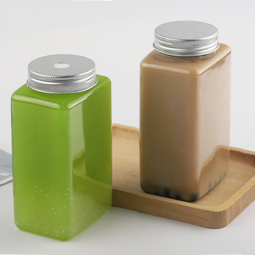 Square plastic bottle milk tea bottle 500ml aluminum cover juice drink disposable bottle PET transparent beverage bottle packaging