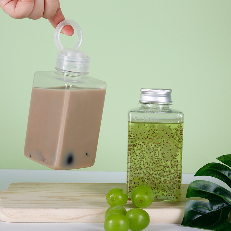 PET square bottle cold brew tea spot square beverage bottle juice bottle disposable 450ml plastic transparent cup