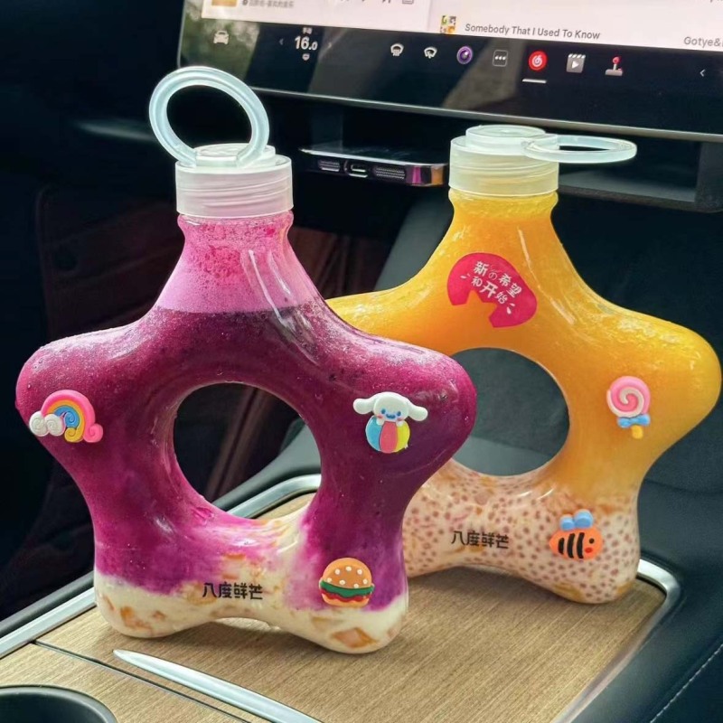 Five-pointed star donut bottle is here. Transparent plastic pet bottle has high value, cute shape and unique girly style.
