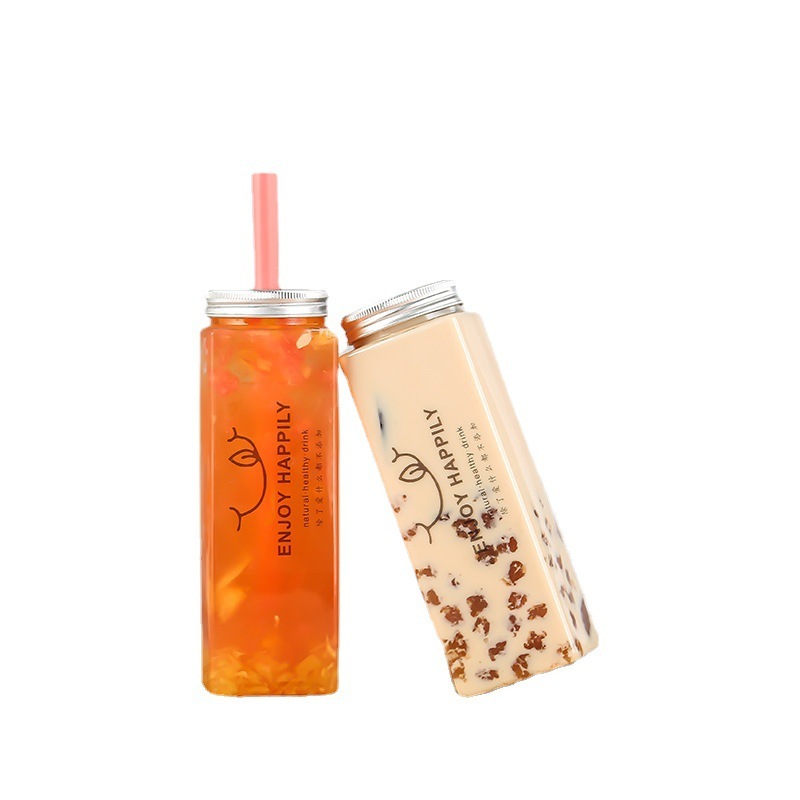 PET square plastic bottle juice bottle 400ml bottle disposable beverage transparent milk tea bottle aluminum cover cup