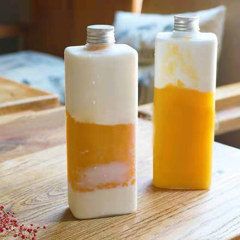 Wholesale high square bottle 500ml small diameter juice bottle aluminum cover milk tea bottle PET plastic bottle net red