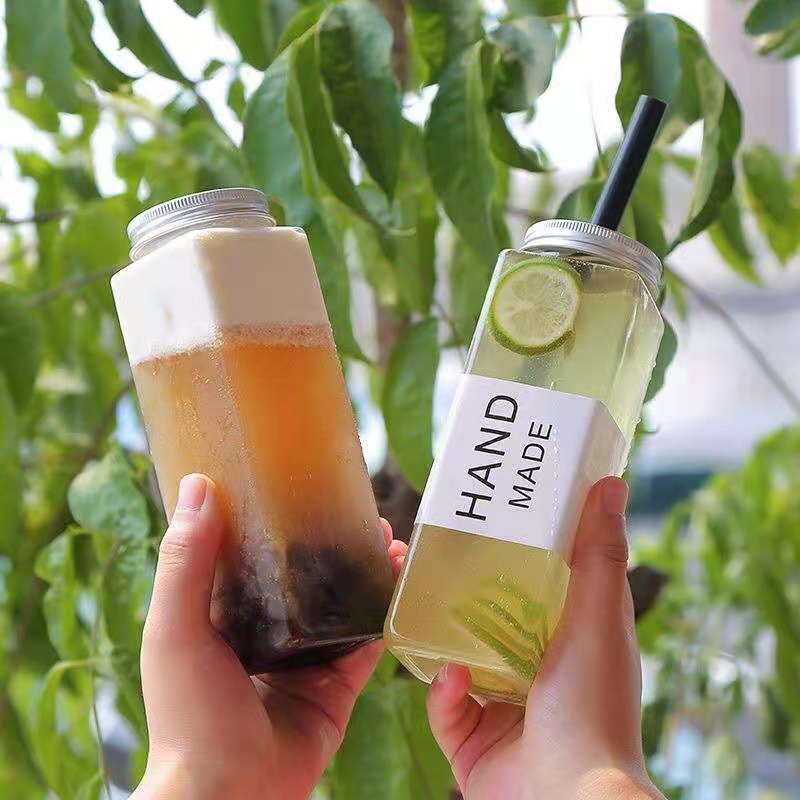 PET square plastic bottle juice bottle 400ml bottle disposable beverage transparent milk tea bottle aluminum cover cup