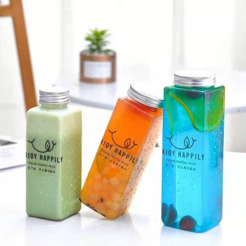 PET square plastic bottle juice bottle 400ml bottle disposable beverage transparent milk tea bottle aluminum cover cup