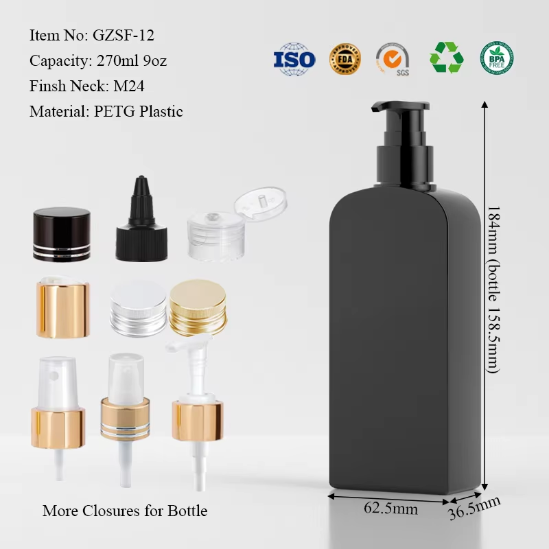 270ml 9oz PETG Plastic Flat Bottle - White Black Lotion Pump Bottle for Shampoo Conditioner Custom Cosmetic Packaging