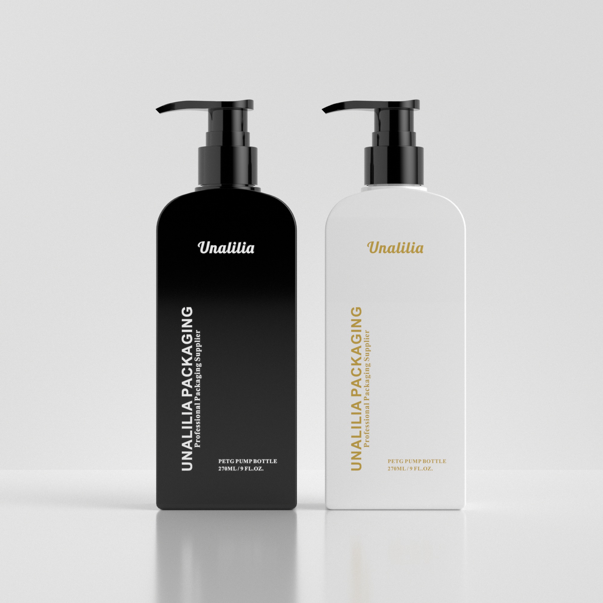 270ml 9oz PETG Plastic Flat Bottle - White Black Lotion Pump Bottle for Shampoo Conditioner Custom Cosmetic Packaging