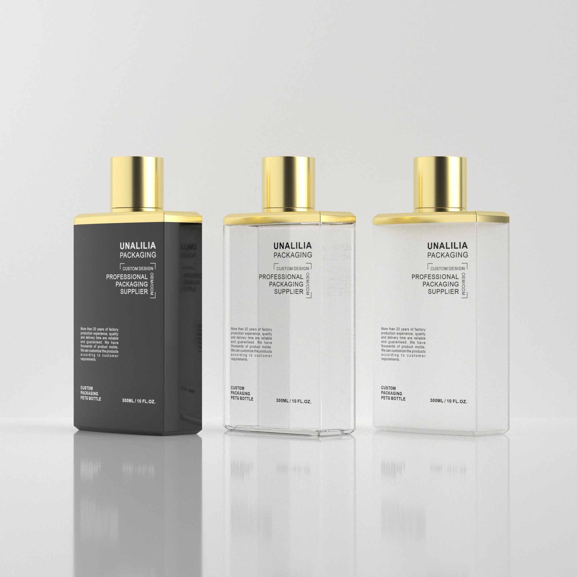 300ml 10oz PETG Plastic Squeeze Bottle - Clear Flat Bottle with Gold Cap for Lotion Shampoo Conditioner Cosmetic Packaging