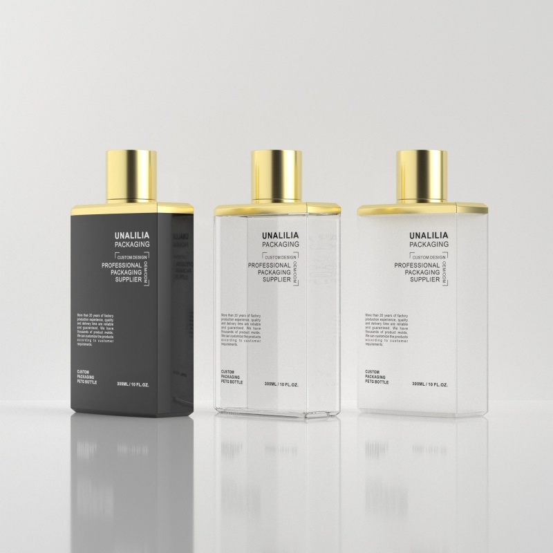 300ml 10oz PETG Plastic Squeeze Bottle - Clear Flat Bottle with Gold Cap for Lotion Shampoo Conditioner Cosmetic Packaging