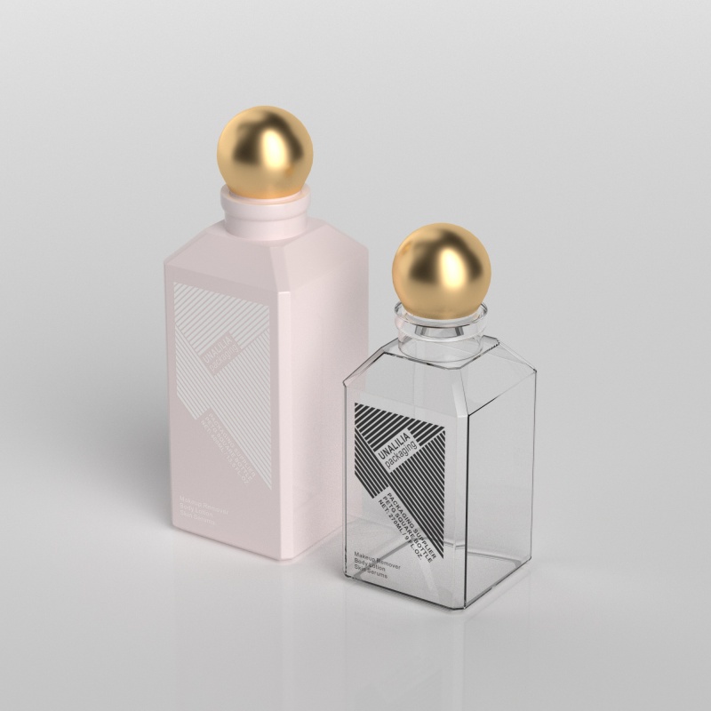 270ml 400ml PETG Plastic Square Bottle with Gold Ball Cap for Makeup Remover Body Lotion Skin Serums Custom Cosmetic Packaging