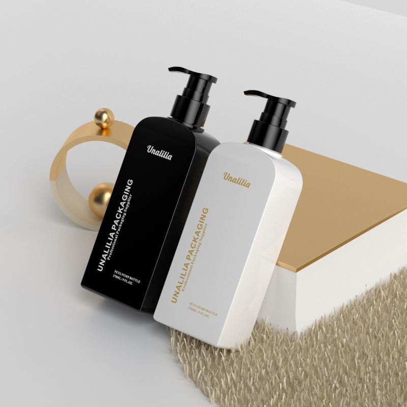 270ml 9oz PETG Plastic Flat Bottle - White Black Lotion Pump Bottle for Shampoo Conditioner Custom Cosmetic Packaging