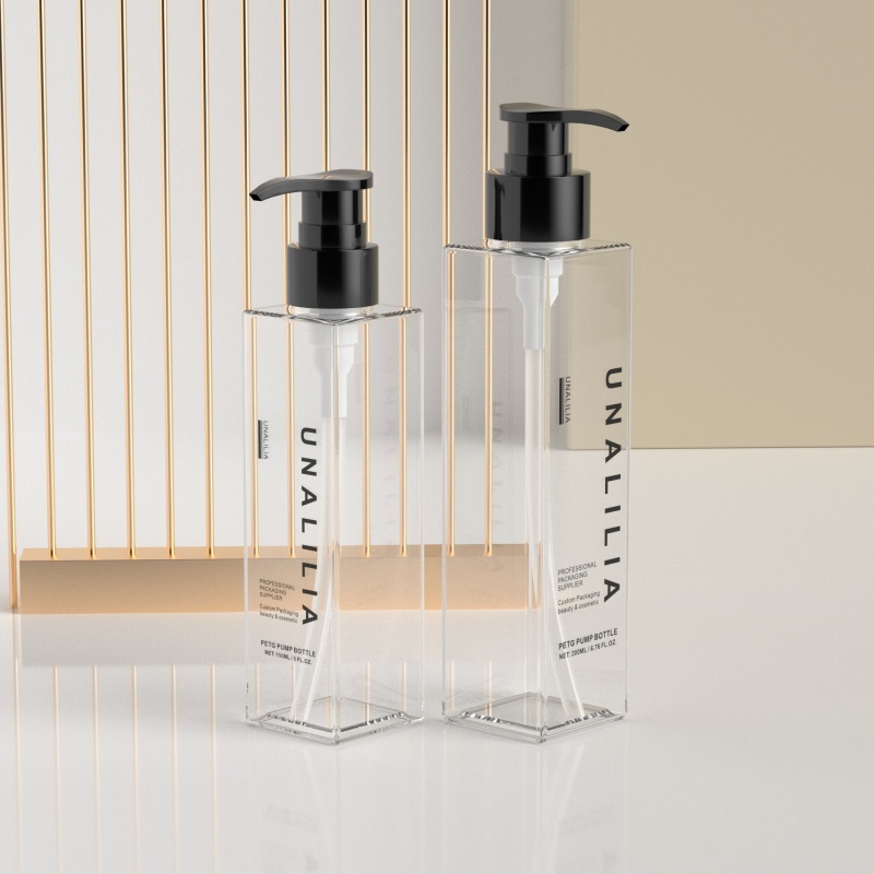 Clear 150ml 200ml PETG Plastic Square Bottle with Pump for Body Lotion Moisturizer Skin Serums Custom Cosmetic Packaging