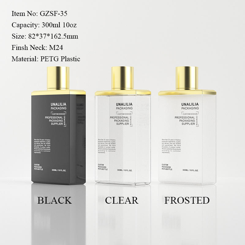 300ml 10oz PETG Plastic Squeeze Bottle - Clear Flat Bottle with Gold Cap for Lotion Shampoo Conditioner Cosmetic Packaging