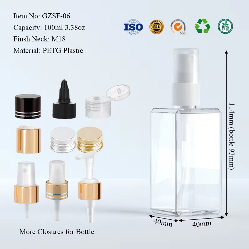 100ml Clear PETG Square Bottles - 3.38oz Fine Mist Spray Plastic Bottles for Perfume Custom CosmeticPackaging