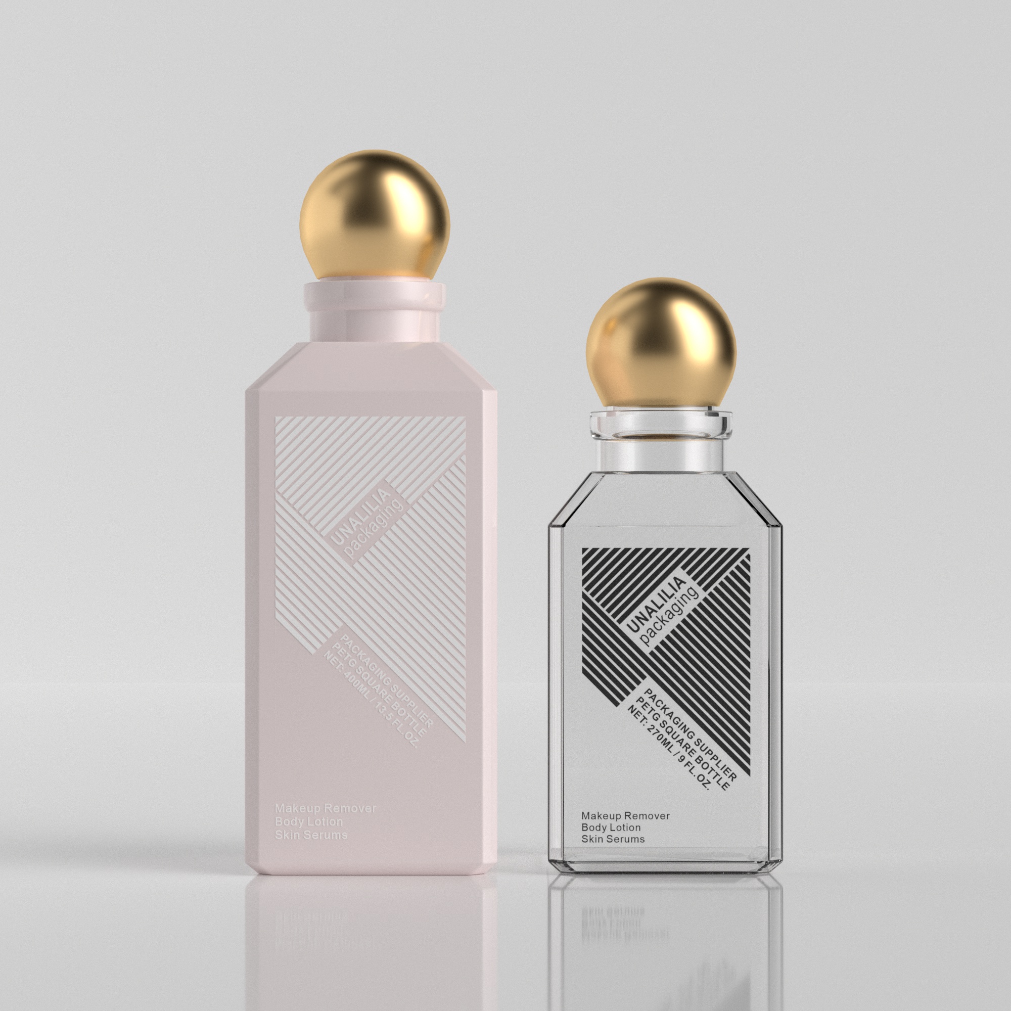 270ml 400ml PETG Plastic Square Bottle with Gold Ball Cap for Makeup Remover Body Lotion Skin Serums Custom Cosmetic Packaging