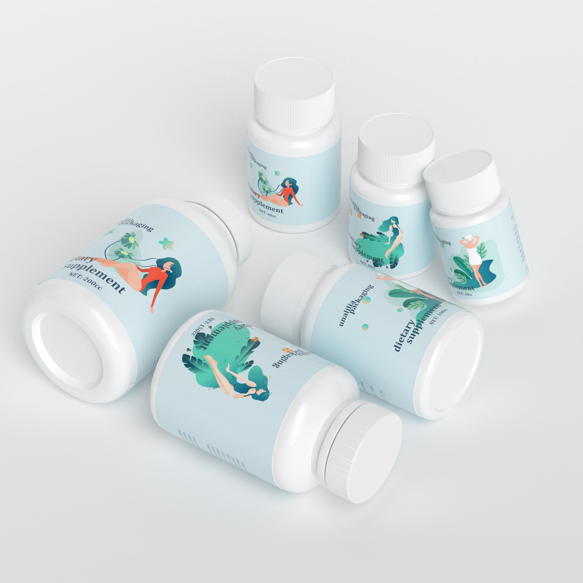 White Round HDPE Plastic Bottles for Vitamin Capsule Pill Tablet - Dietary Supplement Packaging Bottles 30cc~200cc