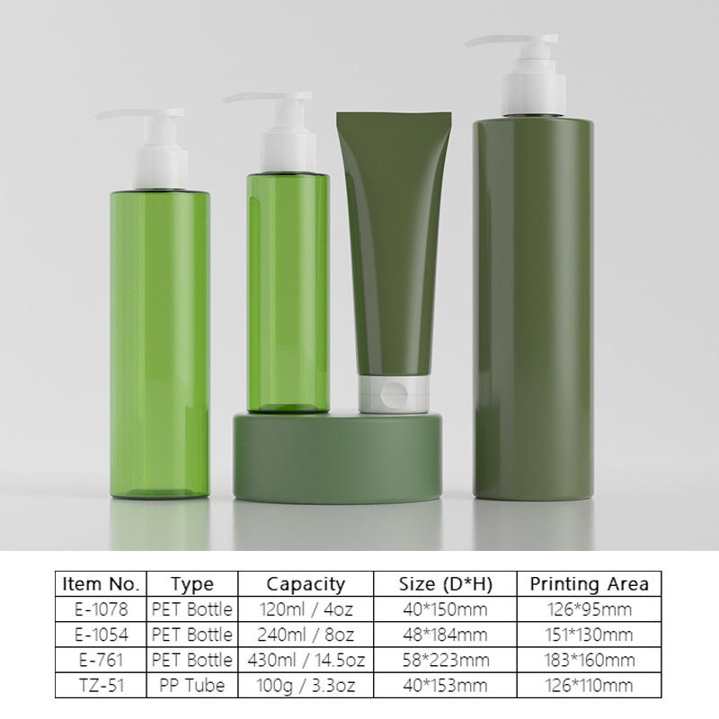 120ml 240ml 430ml Green Cylinder PET Plastic Bottles for Lotion Shampoo - 100g Cream Tube Custom Cosmetic Packaging