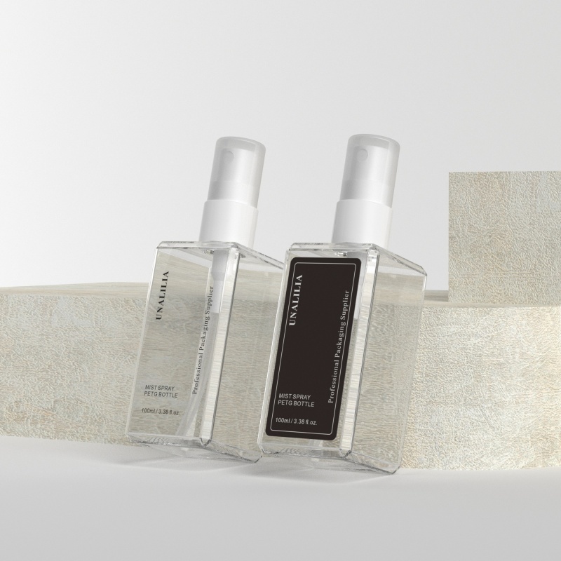 100ml Clear PETG Square Bottles - 3.38oz Fine Mist Spray Plastic Bottles for Perfume Custom CosmeticPackaging