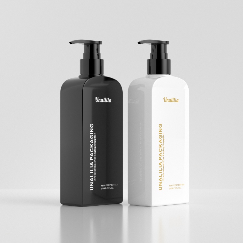 270ml 9oz PETG Plastic Flat Bottle - White Black Lotion Pump Bottle for Shampoo Conditioner Custom Cosmetic Packaging