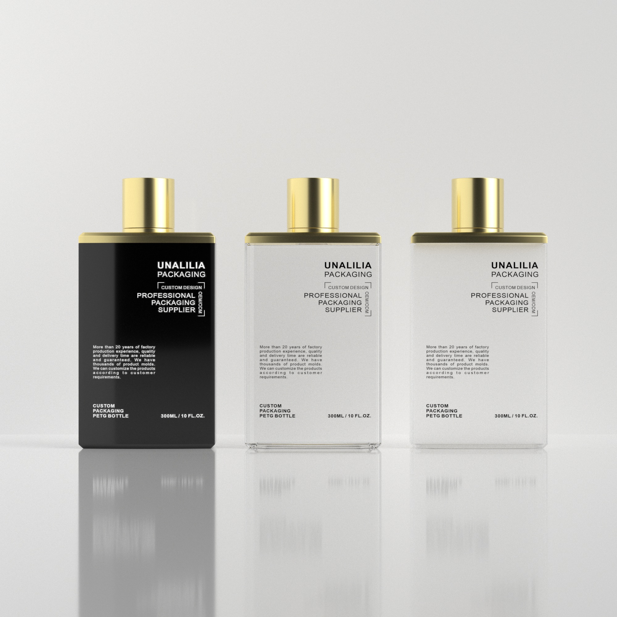 300ml 10oz PETG Plastic Squeeze Bottle - Clear Flat Bottle with Gold Cap for Lotion Shampoo Conditioner Cosmetic Packaging
