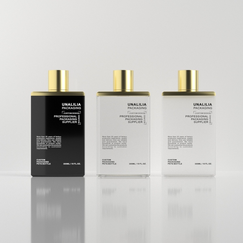 300ml 10oz PETG Plastic Squeeze Bottle - Clear Flat Bottle with Gold Cap for Lotion Shampoo Conditioner Cosmetic Packaging