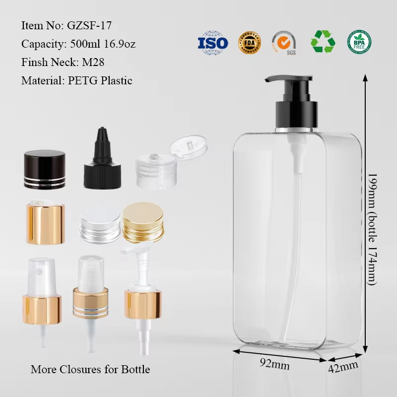 500ml 16.9oz Rectangle PETG Plastic Bottle - Clear Lotion Pump Bottle for Shampoo Conditioner Custom Cosmetic Packaging