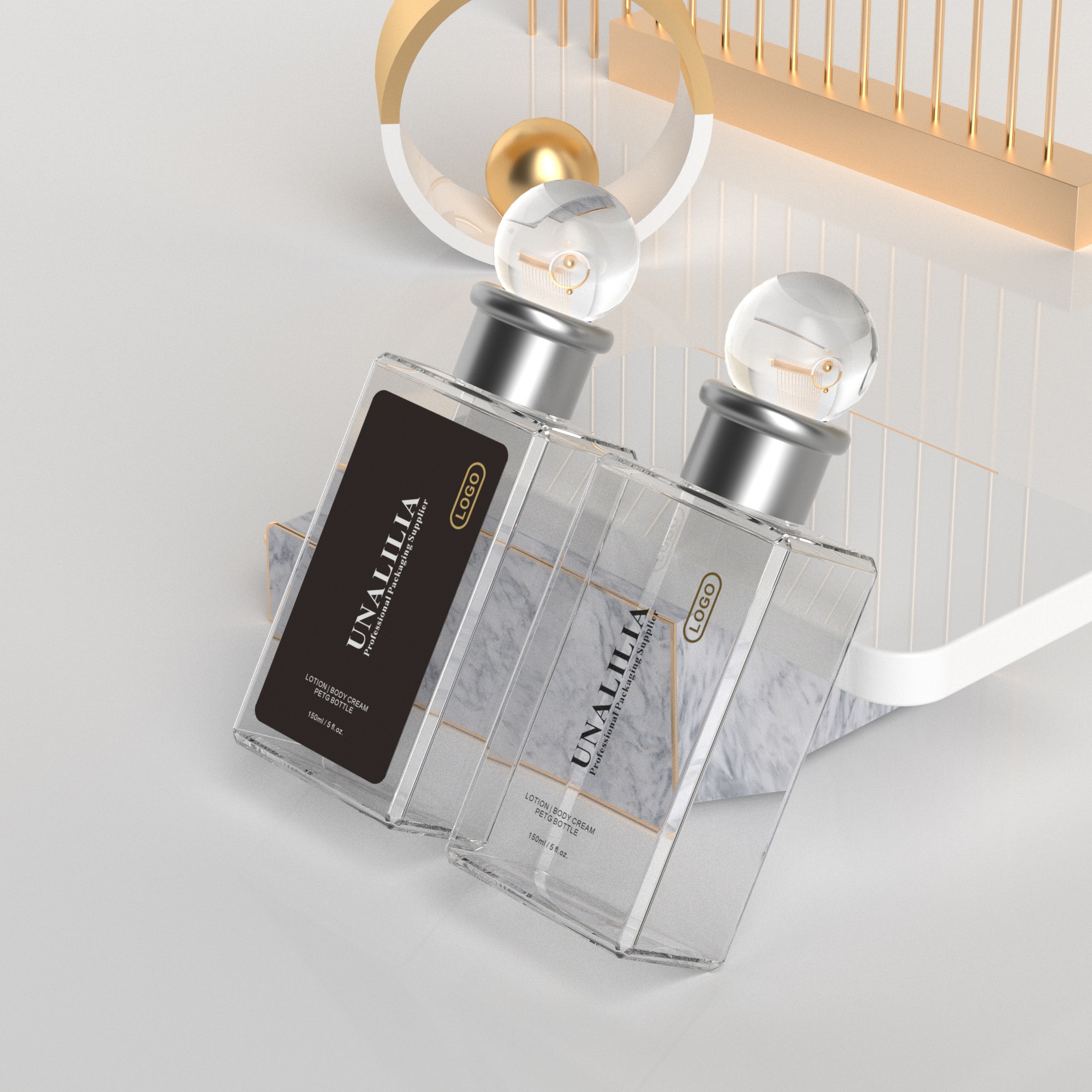 Luxury Clear 150ml 5oz PETG Plastic Flat Bottle with Crystal Ball Cap for Cream Lotion Moisturizer Serums Cosmetic Packaging