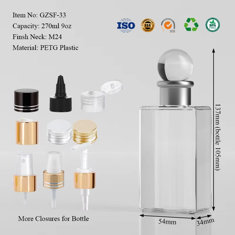 Luxury Clear 150ml 5oz PETG Plastic Flat Bottle with Crystal Ball Cap for Cream Lotion Moisturizer Serums Cosmetic Packaging