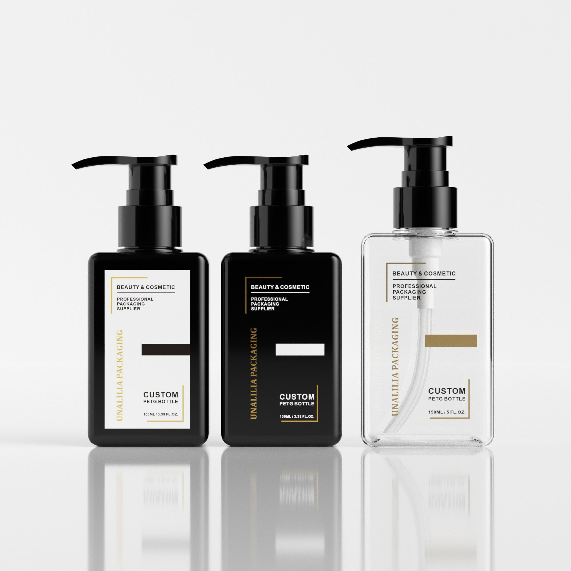 100ml 150ml Luxury PETG Plastic Black Square Flat Pump Bottles for Body Wash Lotion Skincare Cream Cosmetic Packaging